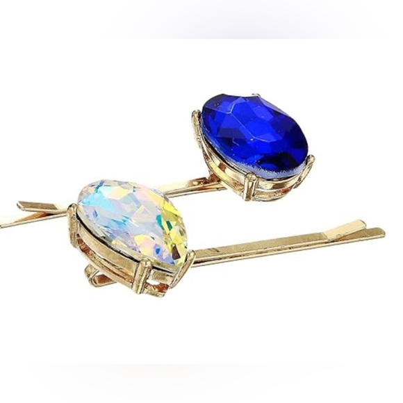 Steve Madden Aurora Boreale and Rhinestone Oval Teardrop Royal Blue Hairpins - Picture 3 of 5